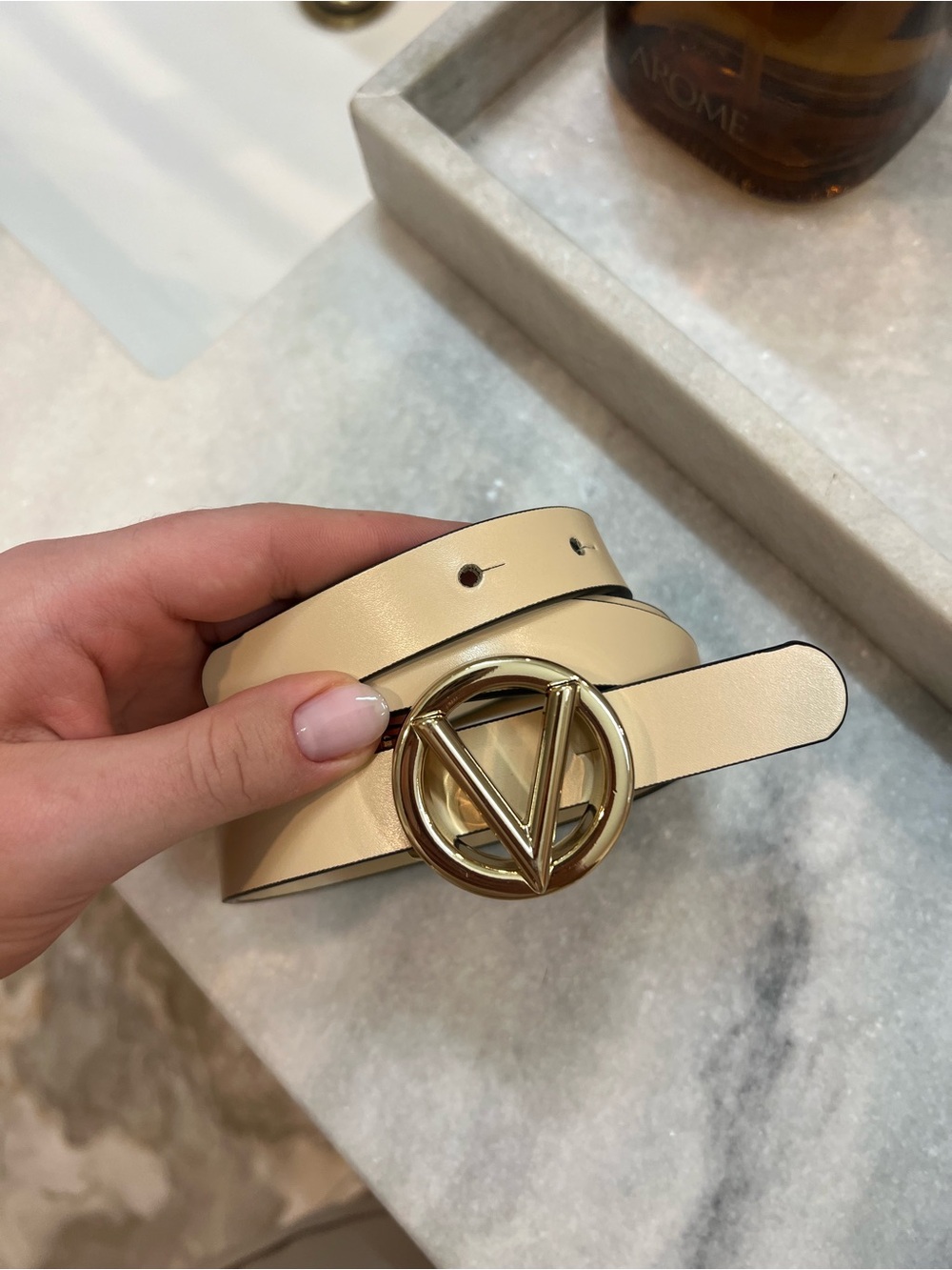 Valentino Cream Leather Belt with Gold VLogo Buckle